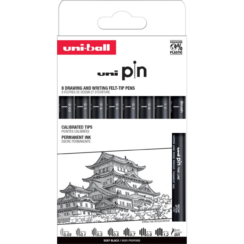 uni-ball fijnschrijvers PIN set, waterbestendige inkt, 5 stuks